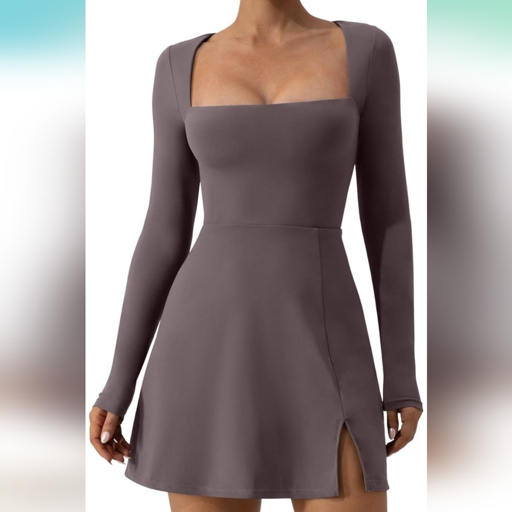 Womens Square Neck Bodice Dress Long Sleeve Side Slit Flare Mini Dress